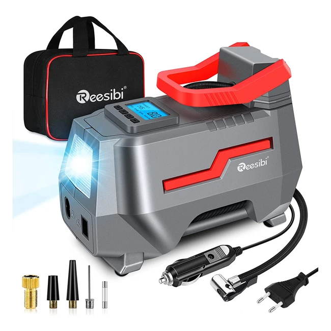 Compresseur Air Reesibi 220V/12V Double Alimentation - 103 Bars - Gonfleur Pneus Voiture, Vélo, Balle, Matelas Gonflables, Piscine - Pompe Électrique avec Embouts et Câbles