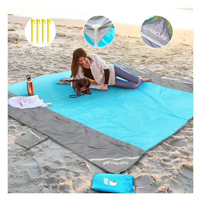 Covacure Beach Blanket - Extra Large 210 x 200cm, Sand Proof & Water Resistant with 3 Zipper Pockets for Beach Camping Hiking Picnic - Blue