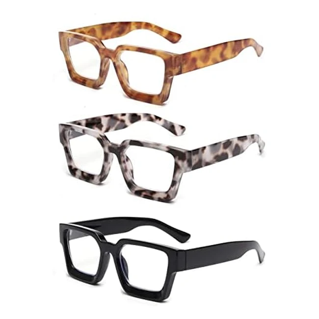 JM 3-Pack Anti-Blue Light Reading Glasses for Men and Women - Square Frames with Magnifying Lenses