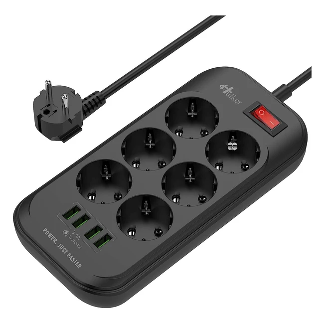 Multiprise USB Hulker avec 6 prises et 4 ports USB - Protection contre les surtensions - Cordon de 2m - Charge rapide 24A