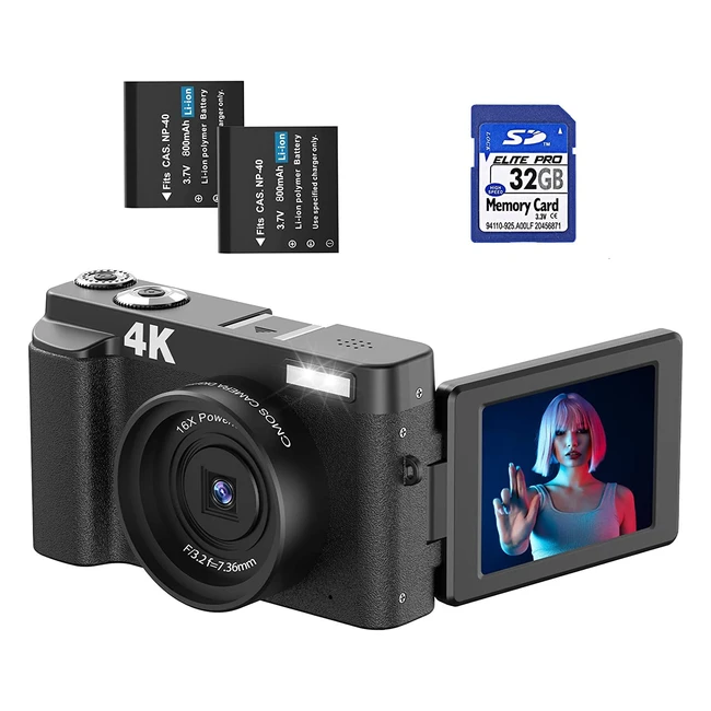 Sunscien 4K Autofocus Digital Camera - 48MP, Vlogging, Photography, 16x Zoom, 32GB SD Card, 2 Batteries