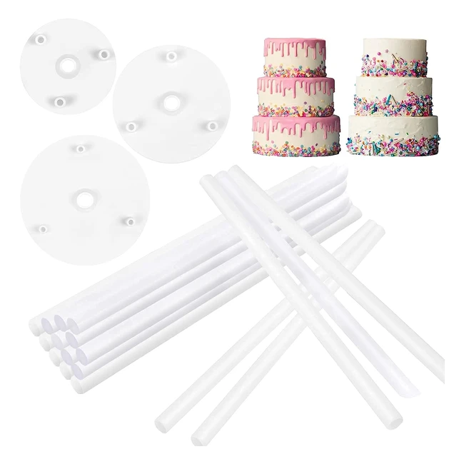 Vaktop Cake Dowel Rods Set - 18pcs Plastic Cake Support Rods with 3 Cake Boards for Tiered Cake Construction and Stacking