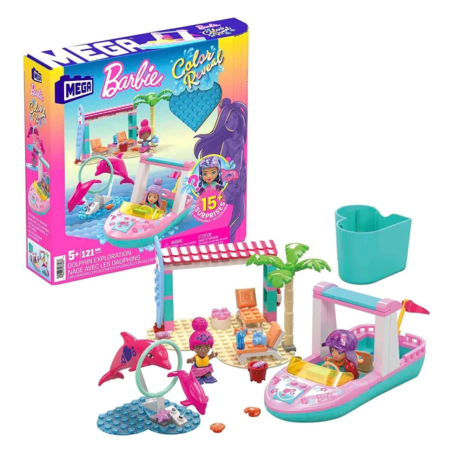Mega Barbie HHW83 Color Reveal Dolphin Adventure Set - 10+ Surprises, 2 Mini Dolls & 2 Dolphins