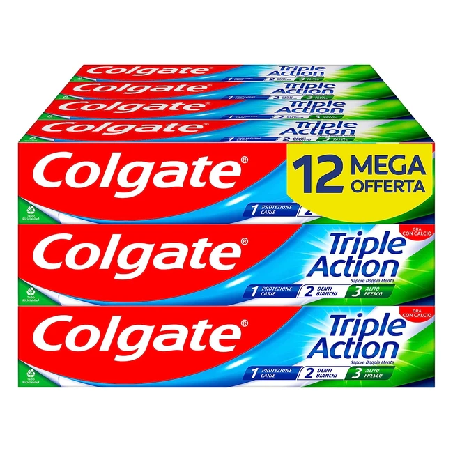 Colgate Triple Action 12 Confezioni da 75ml - Dentifricio al Fluoro - Protezione Carie - Denti Bianchi - Rinfresca l'Alito