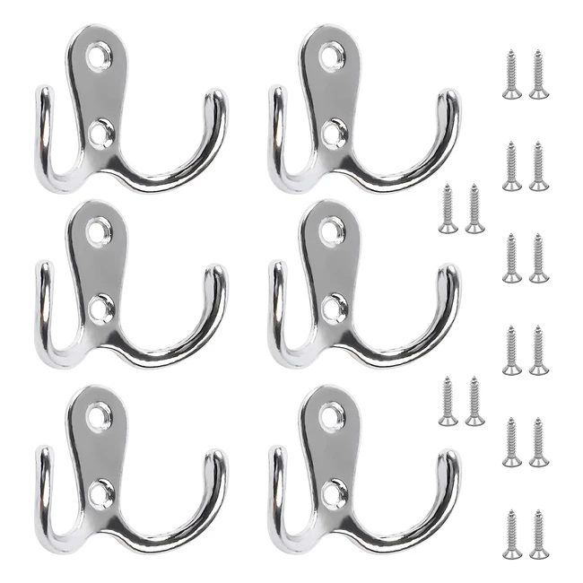 6 pcs Double Prong Robe Hooks - Chrome Wall Mounted Hooks for Hanging - Silver