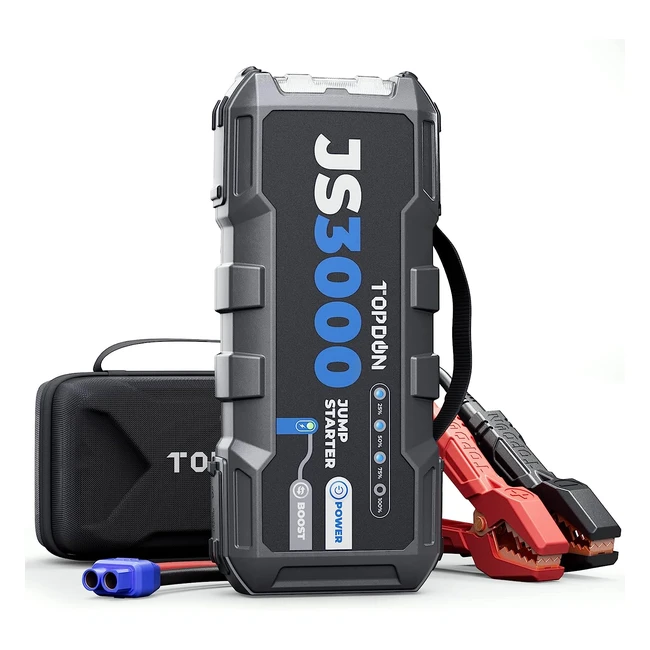 TOPDON Starthilfe Powerbank JS3000 - 2000A Auto Booster Power Pack - Bis zu 9L Benzin/7L Dieselmotoren - Mit Starthilfekabel, LED & Tasche - 24000mAh