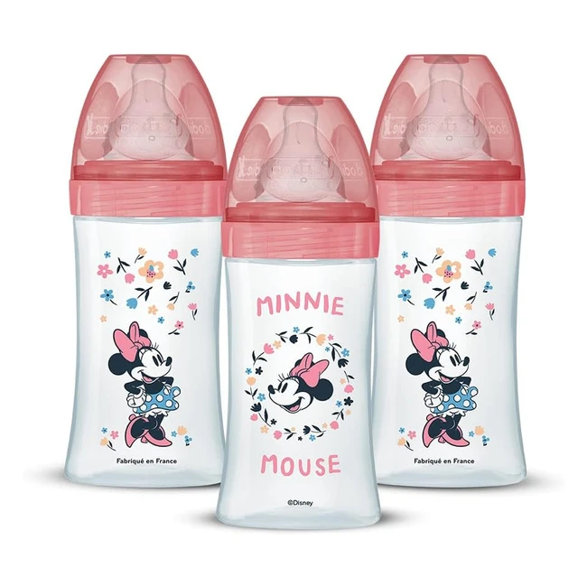 Dodie Lot de 3 Biberons Anticolique Initiation Minnie 270ml - 0-6 mois - Tétine Ronde Débit 2