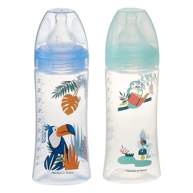 Lot de 2 biberons anticolique Dodie Initiation 2x330 ml - Tétine ronde débit 3 sans BPA - 6 mois - Bleu et vert