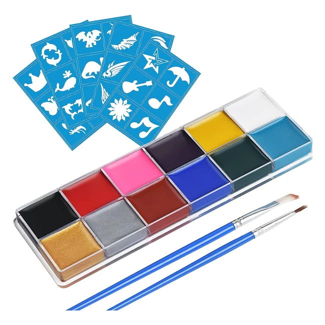 URAQT Face Body Paint 12 Color Palette  Brushes  Stencils  Safe Non-Toxic Mak