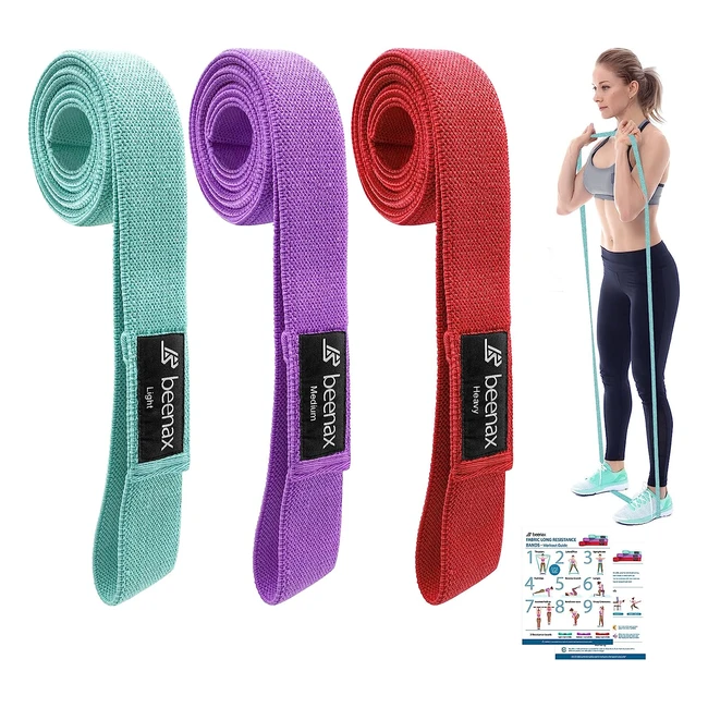 Beenax Long Resistance Bands Set - Fabric Exercise Bands for Women - 3 Resistance Levels - Full Body Workout