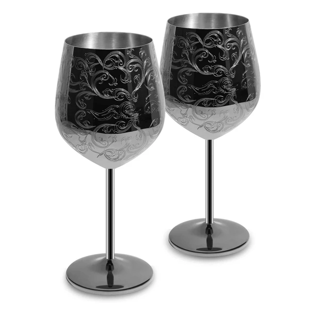 SkyFish Stainless Steel Wine Glasses Set of 2 - Black Plated, Baroque Engravings, Royal Style - 17oz