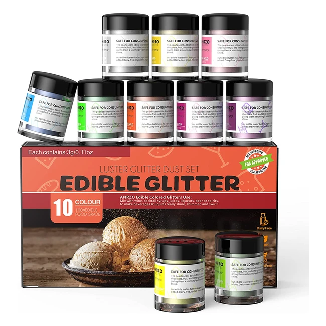 10 Color Set of Edible Glitter Cake Luster Dust - Food Grade, Vegan, Gluten Free