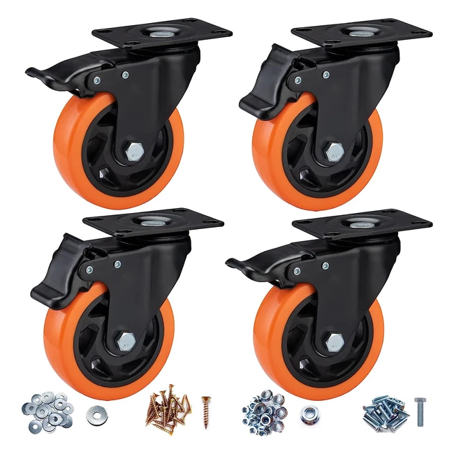 Heavy Duty Castor Wheels 100mm - Set of 4 - Non-Marking Orange Polyurethane - AS