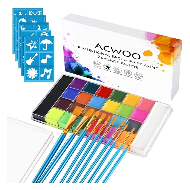 ACWOO Face Body Paint 26 Colors Palette  10 Brushes  30 Stencils - Safe  Non-