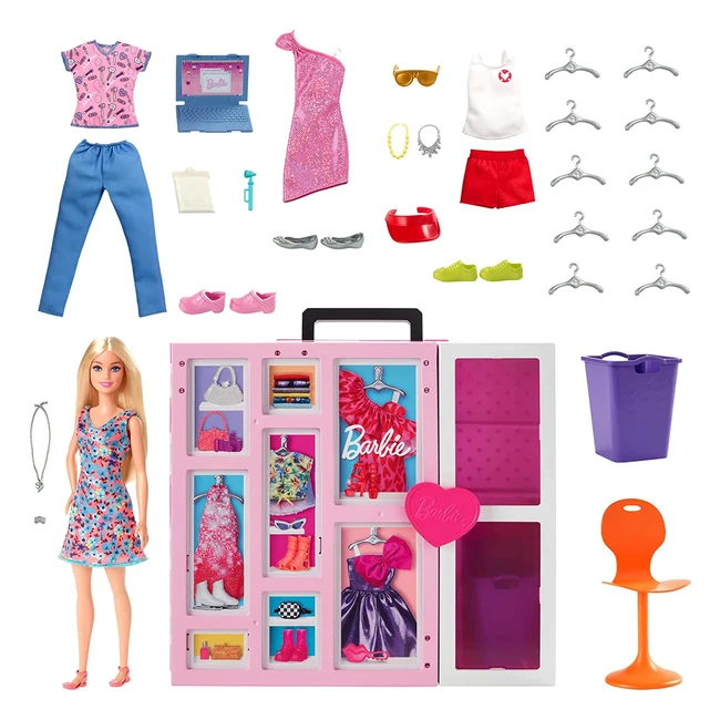 Barbie Fashionista Armario de Ensueño 20 Maletín para Guardar Ropa de Muñeca con 30 Accesorios de Moda Muñeca y 4 Looks Incluidos Juguete 3 Años Mattel HGX57