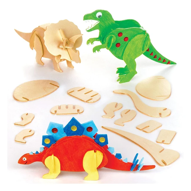 Baker Ross Dinosaur 3D Woodcraft Kits - Complete Size 13cm - Pack of 5 - Easy to Assemble