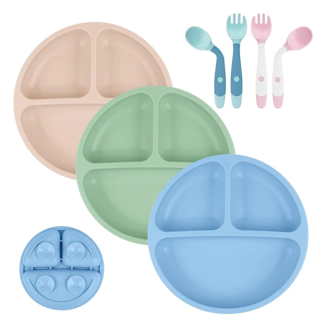 Vicloon Piatto per Bambini con Ventosa - Set 3 Pezzi, Silicone, 2 Cucchiai e 2 Forchette