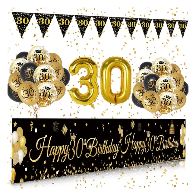 Black Gold 30th Birthday Decorations - Happy 30th Birthday Banner, Triangle Flag Banner, Number 30 Foil Balloon - For Men Women