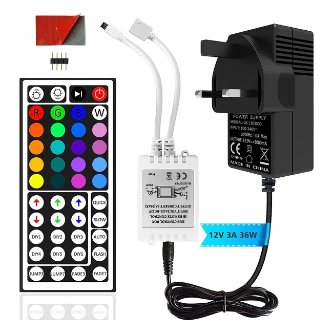12V 3A LED Lights Adapter Plug Zaby 44 Keys Wireless Remote Control