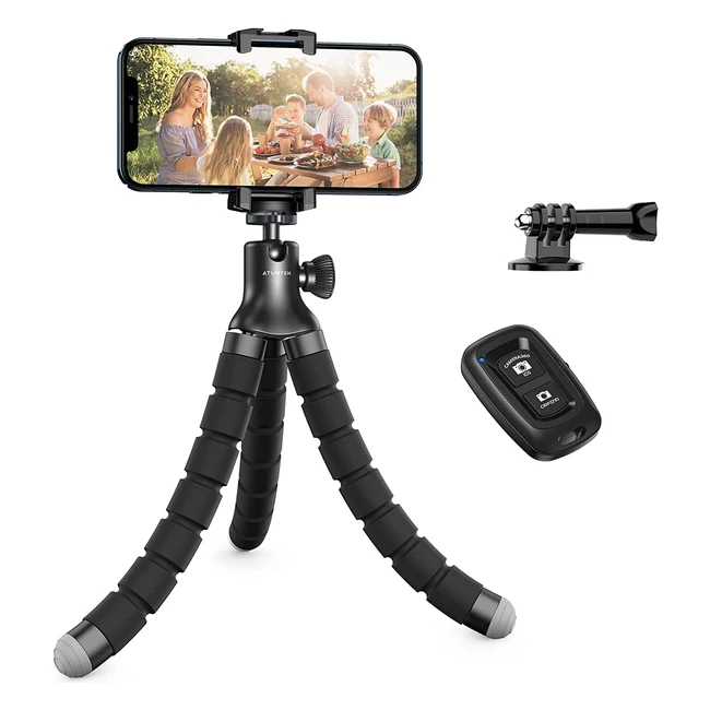 Soporte para móvil trípode flexible Atumtek con control remoto y clip universal | Gira 360 | Mini trípode pulpo | iPhone, cámaras, GoPro | 24cm