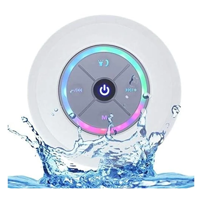 Justop Rainbow LED Bluetooth Shower Speaker - FM Radio - IP67 - Portable - Waterproof - Handsfree - Rechargeable - Golf Beach Shower Home - White