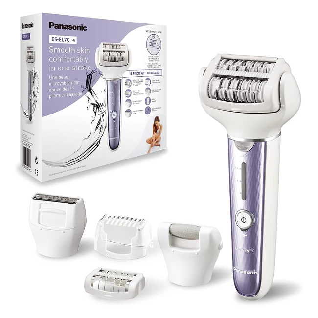 Épilateur électrique femme Panasonic ES-EL7CV503 - Double range de disques avec 60 pinces - Wet & Dry - Lumière LED - 8 accessoires - Tête pivotante flexible à 90° - Violet/Blanc