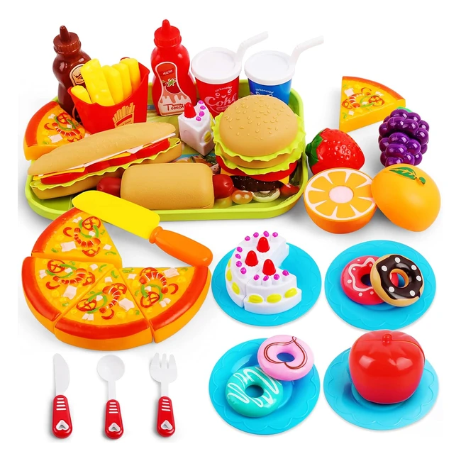 Hanmulee Pretend Play Food 33pcs Cutting Toys - Pizza Hamburger Cake Fruits - Ed