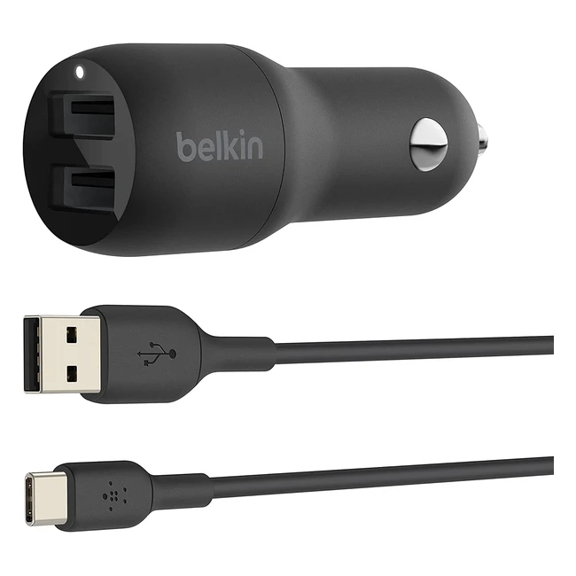 Belkin Boost Charge - Caricabatteria da Auto USB da 24W con 2 Porte USB-A per Samsung, Pixel, iPad Pro e Nintendo Switch