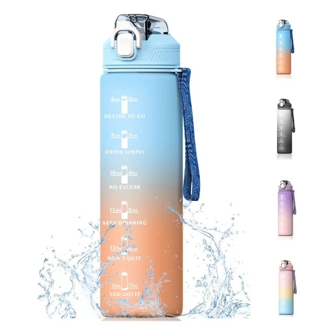 Bugucat Water Bottle 1L - Leak-Proof Sports Bottle with Straw and Time Markings - Hydration for Gym, School, Cycling, Fitness