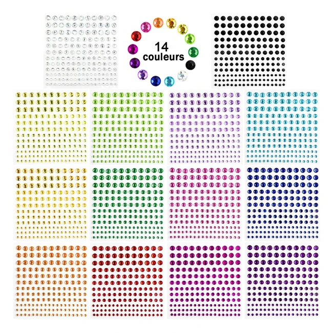 2300 pcs strass visage autocollants 14 feuilles multicolores paillettes pour nai