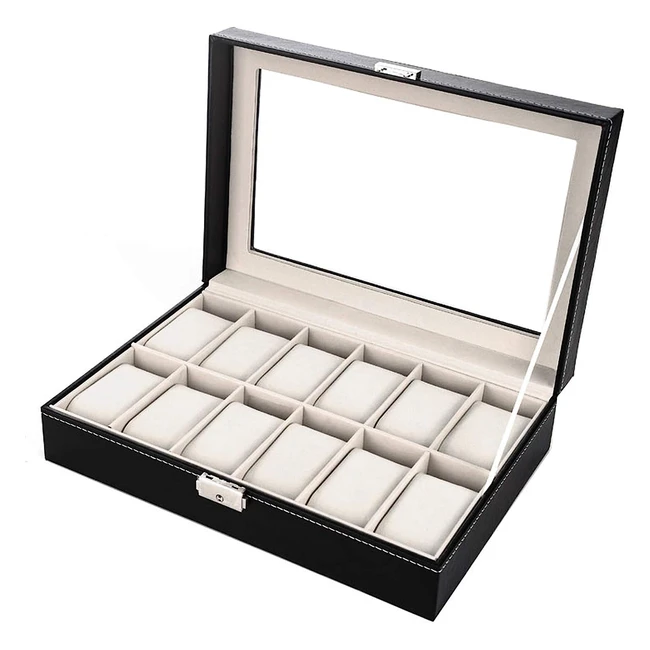 Caja de relojes Feihao con 12 compartimentos - Guarda relojes con cerradura - Tapa de cristal y forro de terciopelo