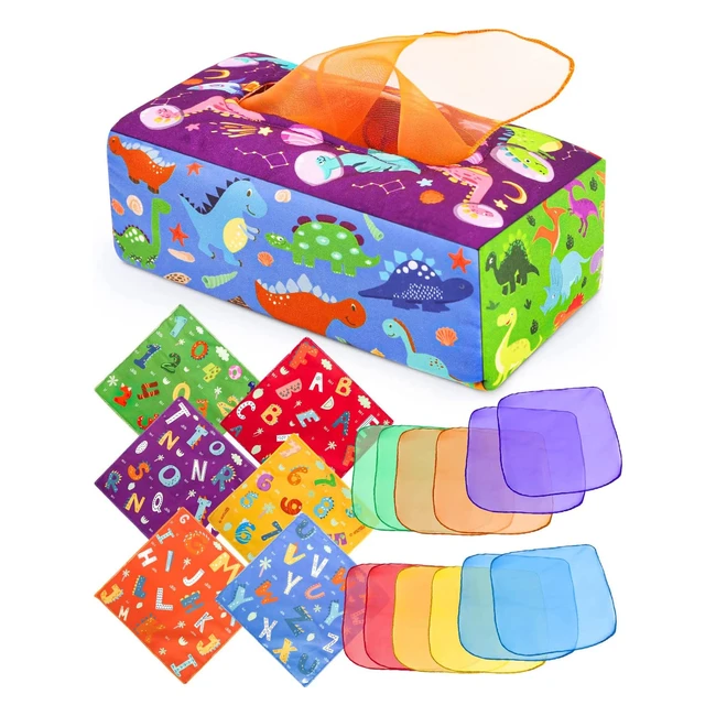 DinoRun Baby Sensory Toys  Montessori Toys for 0-6 Months  Tissue Box Toy with