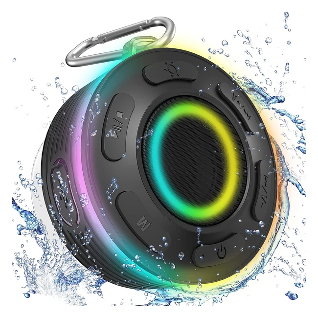 Portable Bluetooth Speaker IP7 Waterproof Shower Speaker with HiFi Stereo Sound - Built-in Mic Hands-Free Calling - LED Light Wireless Speaker with Suction Cup and Hook for Bathroom/Outdoor - Black