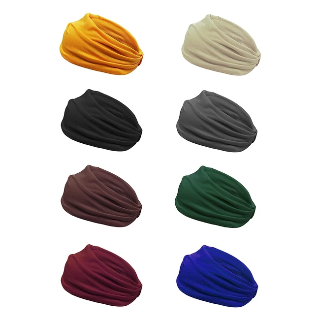 Lot de 8 bandeaux cheveux femme élastiques - Accessoire sport yoga - 8 couleurs - Turban vert/bleu/noir/gris/blanc/orange/café/vin