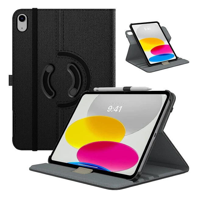 Etui rotatif pour iPad 10ème génération 10.9 pouces 2022, PC solide, réveil/sommeil automatique, anneau stylet - Noir