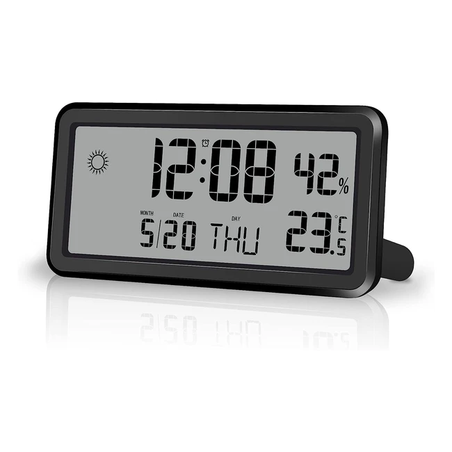 Slim Alarm Clock 56 LCD Display - Digital Wall Clock - Battery Operated - Weather/Day of Week - Small Clock for Bedroom - Travel - Black