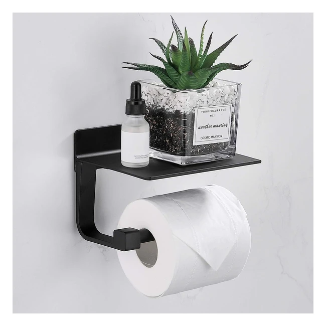 Portarrollos de papel higiénico autoadhesivo Gricol, sin taladrar, aluminio, con estante - Negro