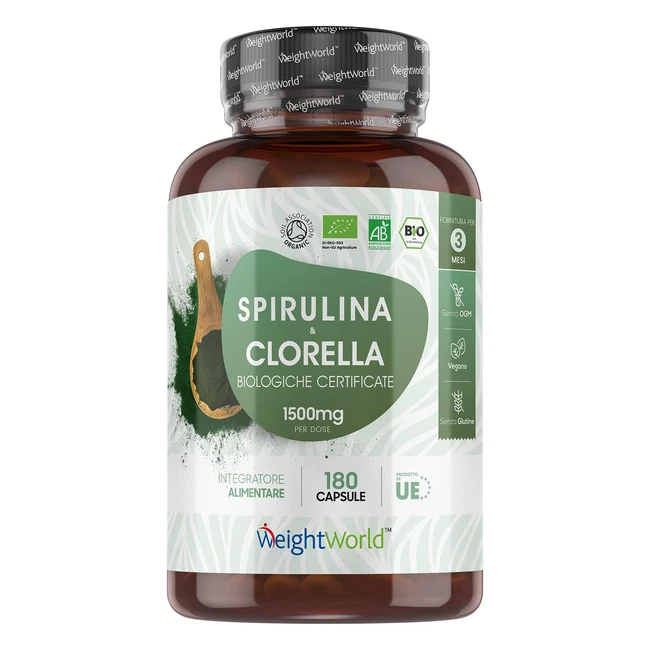 Spirulina Clorella Bio - 180 Capsule Vegane - Ricche di Clorofilla Proteine e V