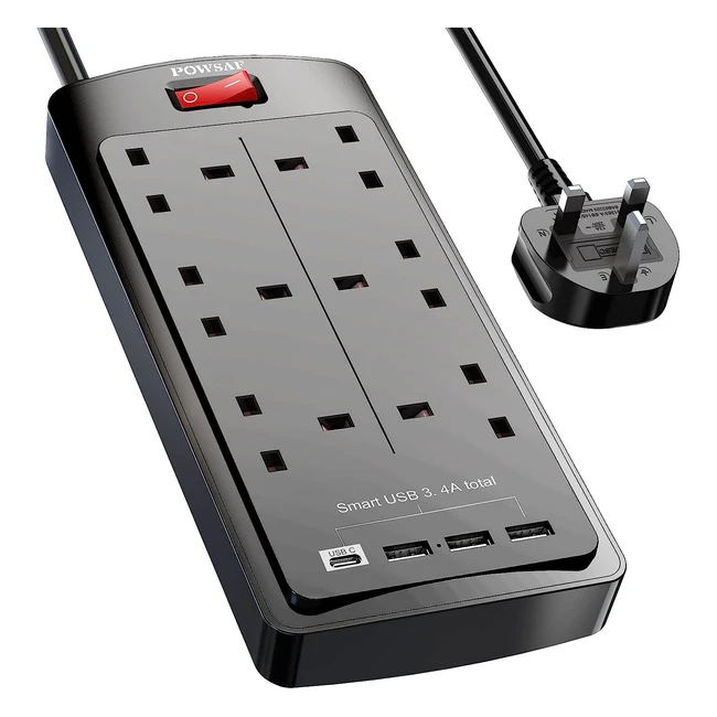 6 Way Extension Lead with 4 USB Slots 34A 1 Type C and 3 USB-A Ports - POWSAF Power Strip