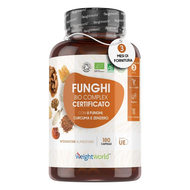 Funghi Medicinali Bio - 180 Capsule Scorta 3 Mesi - 8 Funghi - Lions Mane, Cordyceps Sinensis, Ganoderma Lucidum, Reishi, Shiitake, Chaga - Curcuma e Zenzero - Funghi Curativi Vegan