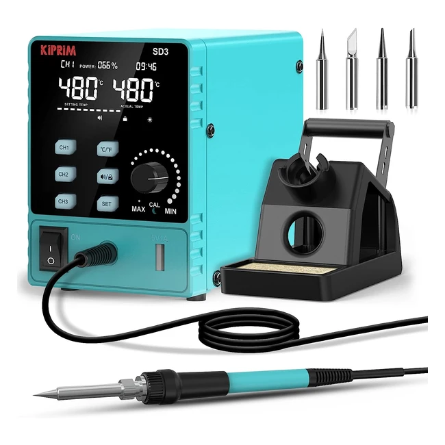 Estación de Soldadura 60W Kiprim - Temperatura Ajustable 200-480 - Estación de Soldadura de Estaño con Pantalla LED - Función de Suspensión - Corrección de Temperatura - 5 Puntas