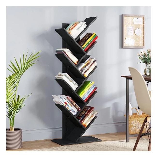Yitahome Tree Bookshelf - Rustic Industrial Wooden Shelves for Living Room, Home Office - Black