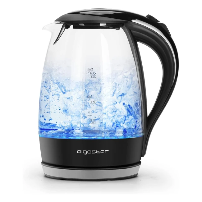 Aigostar Glass Water Kettle with LED Lighting - Fast & Quiet Boil - Cordless - 3000W - 1.7L - Boil Dry Protection - BPA Free