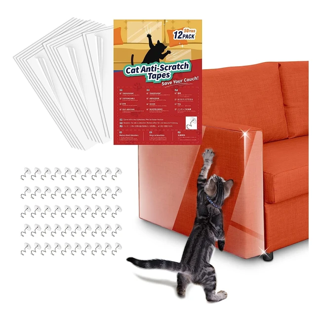 Protezione Divano Graffi Gatto 12pz - Pellicola Antigraffio Trasparente PVC - Protegge Divani e Mobili - Tiragraffi per Gatti - 243x15cm 543x23cm 543x30cm