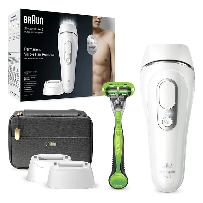 Braun IPL Silk Expert Pro 5 Haarentfernungsgert für Herren - Dauerhaft sichtbare Haarentfernung - Gillette Body Rasierer - Tasche - Alternative zur Laser-Haarentfernung - Geschenk Mann - PL5145 Weiß/Silber