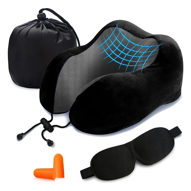 Cuscino da viaggio cervicale viscoelastico - Look Envy - Ref. 28 25 13cm - Con maschera occhi e tappi orecchie