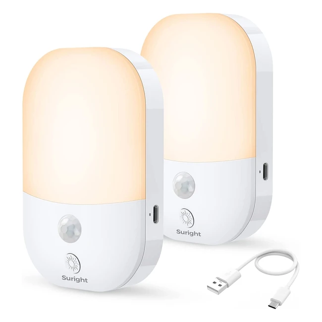 Suright LED Night Light 2 Pack TypeC Rechargeable Motion Sensor Light 3 Modes AutoOffOn and 5 Levels Dimmable Brightness