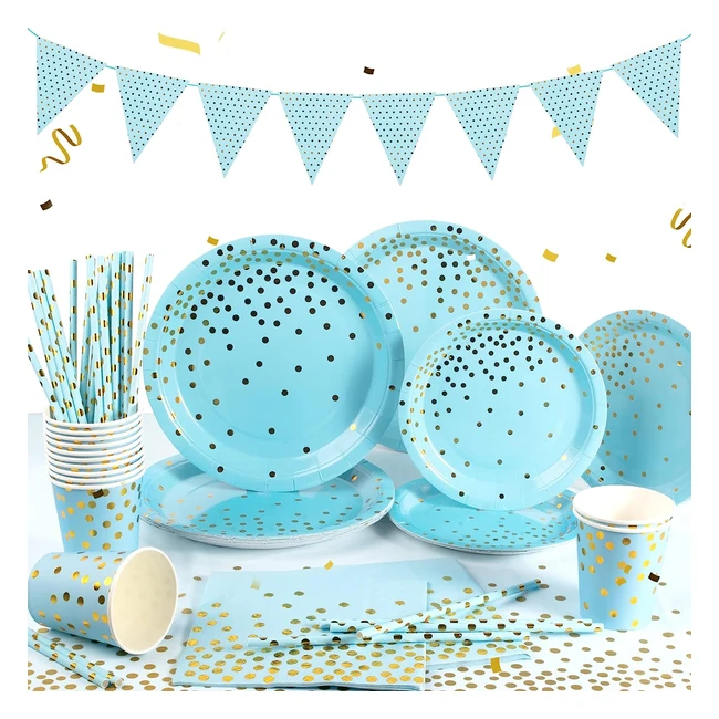 Vaisselle de fête bleue et or 122 pièces - Décoration anniversaire