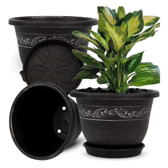 Retro Decorative Plant Pots - 3 Packs, 30.5cm - Drainage Hole & Saucer - Indoor & Outdoor Garden Containers