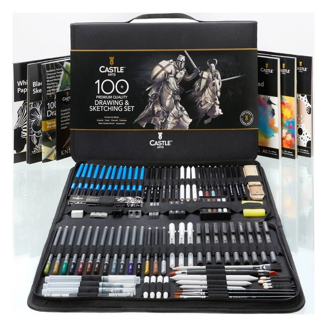 Estuche Castle Art Supplies 100uds Dibujo y Esbozo - Lápices, Barras de Grafito, Carboncillo, Pastel, Metálicos, Rotuladores - Artistas y Profesionales - Resistente Estuche Viaje